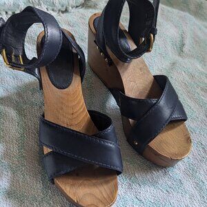 Miu Miu Navy Leather Wood Platform Ankle Strap Wedge Sandal Heels Sz 37 (6.5/7)